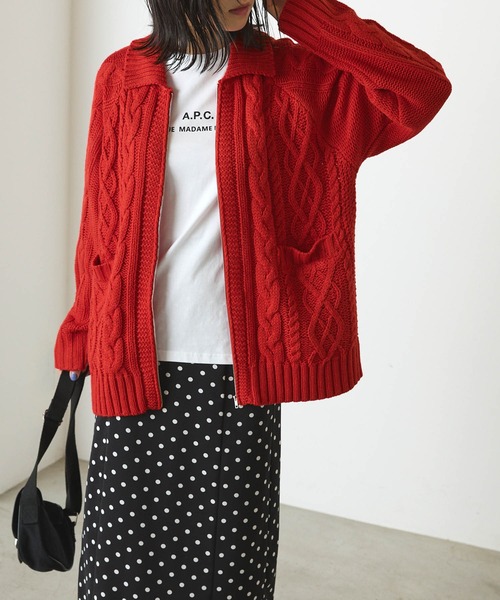 forksy.(フォルクシー)の「【forksy.】オーバーサイズジップカウチンニットカーディガン(カーディガン/ボレロ・レディース・レッド/ネイビー/アイボリー/ブラック×ホワイト・FREE)」の4枚目の写真