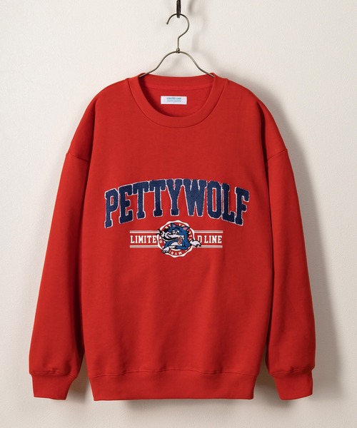 SlashDate(スラッシュデイト)の「PETTYWOLFサガラロゴ刺繍スウェット/オーバーサイズ/裏起毛/ユニセックス(スウェット・レディース・ホワイト/レッド/グリーン/ネイビー/アッシュグレー・M/L/XL)」の14枚目の写真