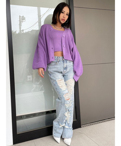 EGOIST（エゴイスト）の「EGロゴ刺繍ニットカーディガン（カーディガン/ボレロ・レディース・ベージュ/パープル/ライトグレー/ブルー・FREE）」の7枚目の写真