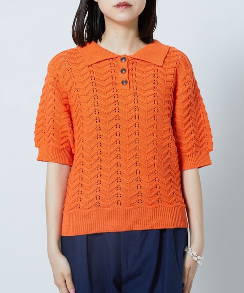 オレオレオ 　Time is onリンクス フロントパネル ニット 半袖 透かし編みオーバーサイズニットプルオーバーsdp8061 ブルー