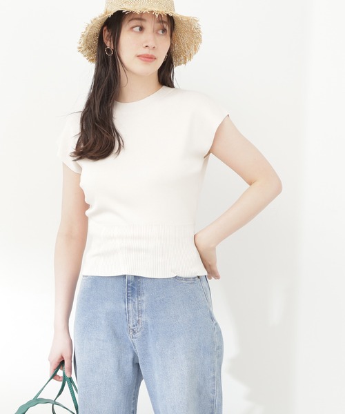 N.（N. Natural Beauty Basic）（エヌエヌナチュラルビューティーベーシック）の「◆フレンチスリーブ総針ニット（ニット/セーター・レディース・ブラック/オフホワイト/グリーン・MEDIUM）」の4枚目の写真