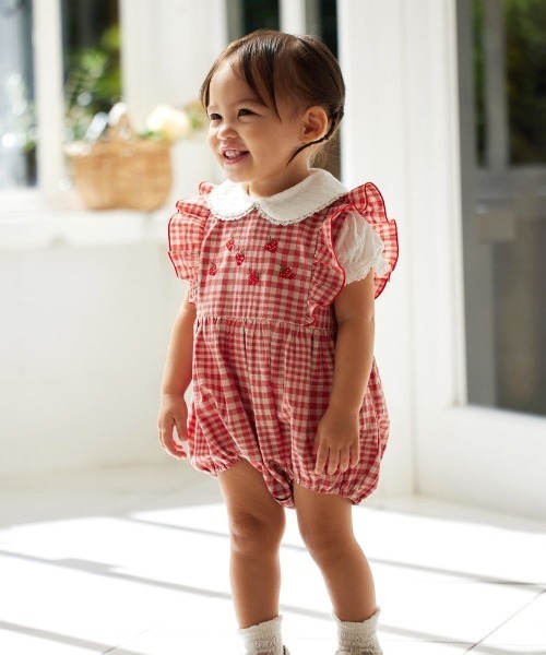 【セール】【Hoppetta(ホッペッタ)】 苺チェックロンパース（ロンパース）｜Hoppetta（ホッペッタ）