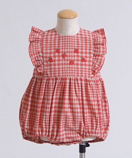 【セール】【Hoppetta(ホッペッタ)】 苺チェックロンパース（ロンパース）｜Hoppetta（ホッペッタ）
