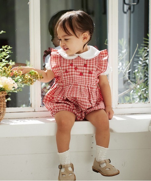 【セール】【Hoppetta(ホッペッタ)】 苺チェックロンパース（ロンパース）｜Hoppetta（ホッペッタ）