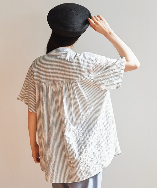 bulle de savon（ビュルデサボン）の「shirring stripe tunic shirt 