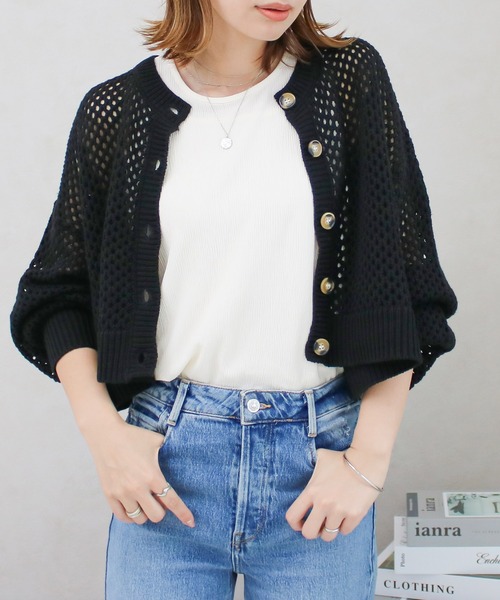 Social GIRL(ソーシャルガール)の「メッシュサマーニットショートカーディガン(カーディガン/ボレロ・レディース・グレイッシュベージュ/ブラック/ピンク/ライトグリーン/キナリ・M)」の3枚目の写真