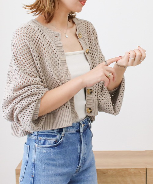 Social GIRL(ソーシャルガール)の「メッシュサマーニットショートカーディガン(カーディガン/ボレロ・レディース・グレイッシュベージュ/ブラック/ピンク/ライトグリーン/キナリ・M)」の16枚目の写真