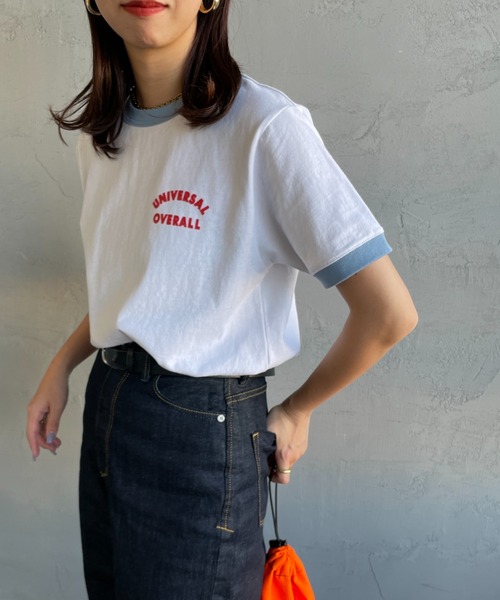 UNIVERSAL OVERALL（ユニバーサルオーバーオール）の「【Lala Begin vol.17掲載】[UNIVERSAL OVERALL/ユニバーサルオーバーオール] 別注 フロッキーロゴプリント リンガーTシャツ（Tシャツ/カットソー・レディース・オートミール/ネイビー/ホワイト/ピンク・F）」の2枚目の写真