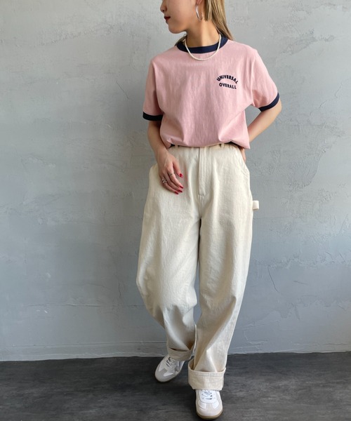 UNIVERSAL OVERALL（ユニバーサルオーバーオール）の「【Lala Begin vol.17掲載】[UNIVERSAL OVERALL/ユニバーサルオーバーオール] 別注 フロッキーロゴプリント リンガーTシャツ（Tシャツ/カットソー・レディース・オートミール/ネイビー/ホワイト/ピンク・F）」の7枚目の写真