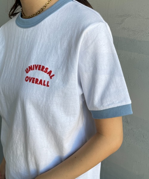 UNIVERSAL OVERALL（ユニバーサルオーバーオール）の「【Lala Begin vol.17掲載】[UNIVERSAL OVERALL/ユニバーサルオーバーオール] 別注 フロッキーロゴプリント リンガーTシャツ（Tシャツ/カットソー・レディース・オートミール/ネイビー/ホワイト/ピンク・F）」の12枚目の写真