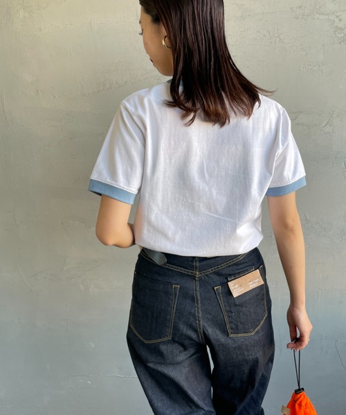 UNIVERSAL OVERALL（ユニバーサルオーバーオール）の「【Lala Begin vol.17掲載】[UNIVERSAL OVERALL/ユニバーサルオーバーオール] 別注 フロッキーロゴプリント リンガーTシャツ（Tシャツ/カットソー・レディース・オートミール/ネイビー/ホワイト/ピンク・F）」の6枚目の写真