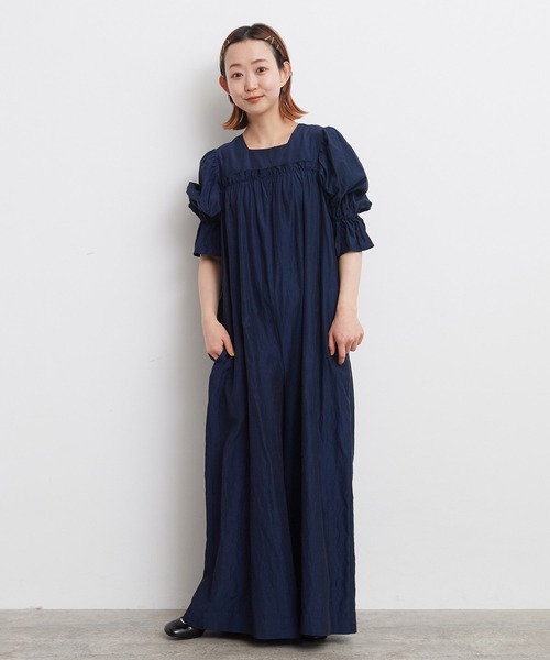 Dot＆Stripes CHILD WOMAN（ドットアンドストライプス　チャイルドウーマン）の「☆キュプラ/コットン タイプライター伊吹染 BIGパフスリーブ ジャンプスーツ（つなぎ/オールインワン・レディース・ネイビー/サックスブルー・FREE）」の20枚目の写真