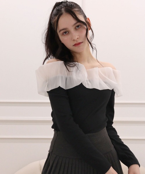 ニット セーター 洗える ｜ シアー フリル スリーブ リブニット