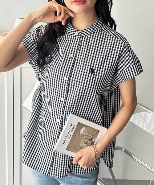 U.S. POLO ASSN.（ユーエスポロアッスン）の「GeeRA別注【U.S. POLO ASSN.】夏 におすすめ！フレンチスリーブワンポイント刺繍シャツブラウス（シャツ/ブラウス・レディース・ベージュ/ネイビー/オフホワイト/ブラック/ブルー系その他/ダークネイビー/ブラック系その他・X-LARGE/MEDIUM/LARGE）」の4枚目の写真