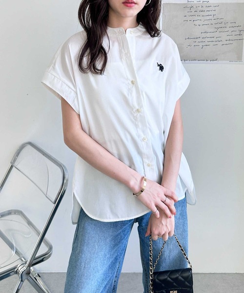 U.S. POLO ASSN.（ユーエスポロアッスン）の「GeeRA別注【U.S. POLO ASSN.】夏 におすすめ！フレンチスリーブワンポイント刺繍シャツブラウス（シャツ/ブラウス・レディース・ベージュ/ネイビー/オフホワイト/ブラック/ブルー系その他/ダークネイビー/ブラック系その他・X-LARGE/MEDIUM/LARGE）」の8枚目の写真