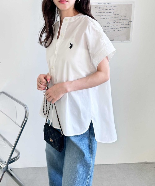 U.S. POLO ASSN.（ユーエスポロアッスン）の「GeeRA別注【U.S. POLO ASSN.】夏 におすすめ！フレンチスリーブワンポイント刺繍シャツブラウス（シャツ/ブラウス・レディース・ベージュ/ネイビー/オフホワイト/ブラック/ブルー系その他/ダークネイビー/ブラック系その他・X-LARGE/MEDIUM/LARGE）」の9枚目の写真