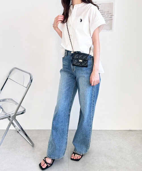 U.S. POLO ASSN.（ユーエスポロアッスン）の「GeeRA別注【U.S. POLO ASSN.】夏 におすすめ！フレンチスリーブワンポイント刺繍シャツブラウス（シャツ/ブラウス・レディース・ベージュ/ネイビー/オフホワイト/ブラック/ブルー系その他/ダークネイビー/ブラック系その他・X-LARGE/MEDIUM/LARGE）」の12枚目の写真