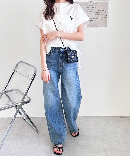 U.S. POLO ASSN.（ユーエスポロアッスン）の「GeeRA別注【U.S. POLO ASSN.】夏 におすすめ！フレンチスリーブワンポイント刺繍シャツブラウス（シャツ/ブラウス・レディース・ベージュ/ネイビー/オフホワイト/ブラック/ブルー系その他/ダークネイビー/ブラック系その他・X-LARGE/MEDIUM/LARGE）」の11枚目の写真