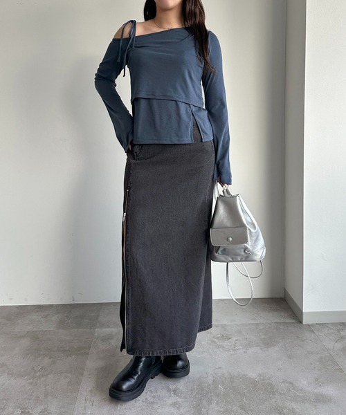 apres jour mignon（アプレジュールミニョン）の「レイヤードリボントップス【ZOZOTOWN限定アイテム】（Tシャツ/カットソー・レディース・ブラック/チャコールグレー/ダークブルー・X-LARGE/フリー）」の5枚目の写真