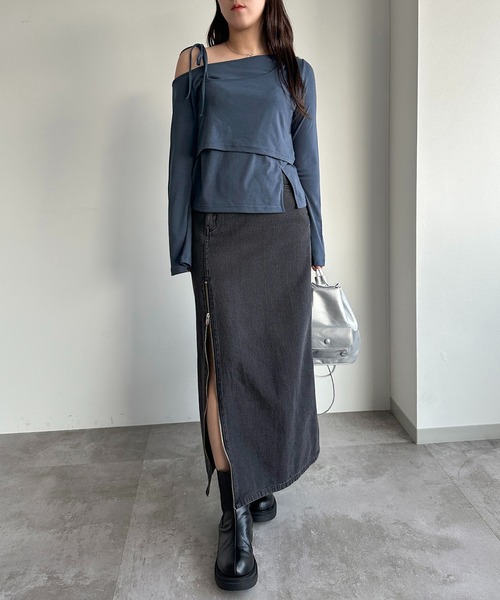 apres jour mignon（アプレジュールミニョン）の「レイヤードリボントップス【ZOZOTOWN限定アイテム】（Tシャツ/カットソー・レディース・ブラック/チャコールグレー/ダークブルー・X-LARGE/フリー）」の6枚目の写真