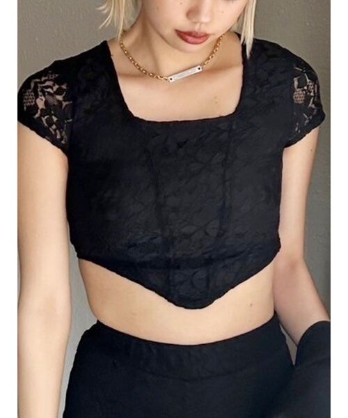 EVRIS（エヴリス）の「レースクロップドトップス（Tシャツ/カットソー・レディース・ブルー/ホワイト/ブラック・FREE）」の3枚目の写真