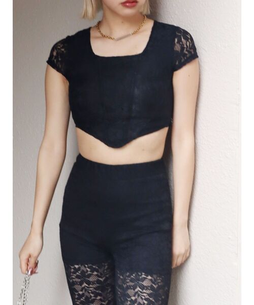 EVRIS（エヴリス）の「レースクロップドトップス（Tシャツ/カットソー・レディース・ブルー/ホワイト/ブラック・FREE）」の14枚目の写真