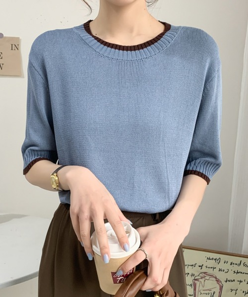 ECLIN(エクラン)の「五分袖配色ニットトップス(ニット/セーター・レディース・ベージュ/アイボリー/ブルーグレー/マスタード・FREE)」の15枚目の写真
