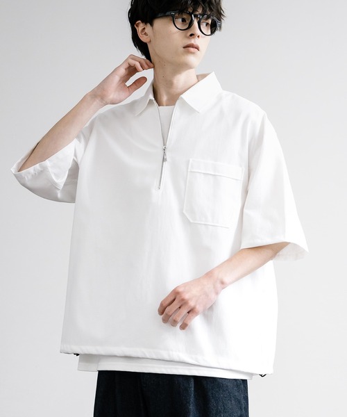 Rocky Monroe(ロッキーモンロー)の「襟付きハーフジップ半袖ビックシャツ(シャツ/ブラウス・メンズ・ライトブルー/ブルー/オフホワイト・M/L)」の1枚目の写真