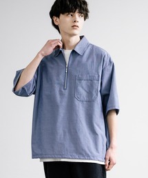 襟付きハーフジップ半袖ビックシャツ
