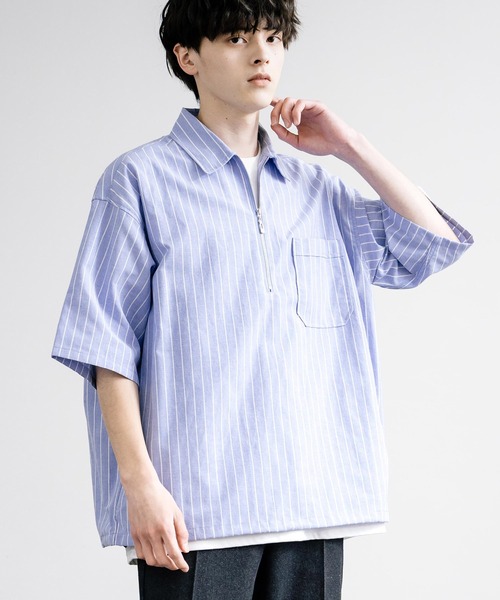 Rocky Monroe(ロッキーモンロー)の「襟付きハーフジップ半袖ビックシャツ(シャツ/ブラウス・メンズ・ライトブルー/ブルー/オフホワイト・M/L)」の2枚目の写真