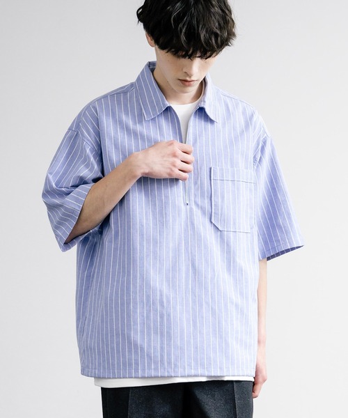 Rocky Monroe(ロッキーモンロー)の「襟付きハーフジップ半袖ビックシャツ(シャツ/ブラウス・メンズ・ライトブルー/ブルー/オフホワイト・M/L)」の12枚目の写真