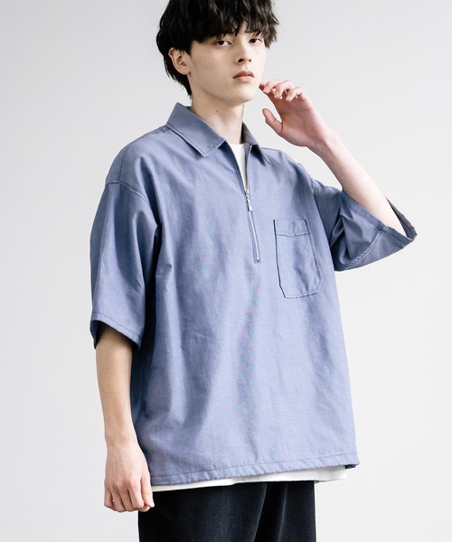 Rocky Monroe(ロッキーモンロー)の「襟付きハーフジップ半袖ビックシャツ(シャツ/ブラウス・メンズ・ライトブルー/ブルー/オフホワイト・M/L)」の15枚目の写真