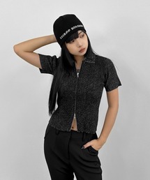 LVEU. | 【LVEU.】ダブルジップラメニットトップス / トップス カットソー リブ ラメ 半袖 ジップ ファスナー ダブルジップ 襟付き ショート コンパクト クロップド ブラック グレー ブルー(カーディガン/ボレロ)