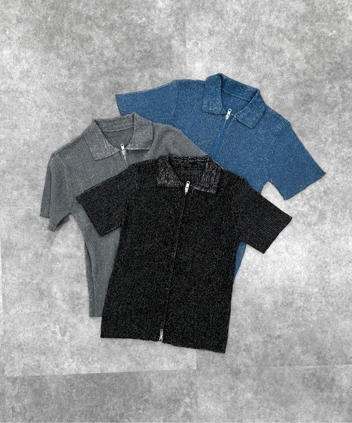 LVEU.(ラブユ.)の「【LVEU.】ダブルジップラメニットトップス / トップス カットソー リブ ラメ 半袖 ジップ ファスナー ダブルジップ 襟付き カーディガン 羽織り Wジップ ショート コンパクト クロップド ブラック グレー ブルー(カーディガン/ボレロ・レディース・ブラック/グレー/ブルー・FREE)」の12枚目の写真