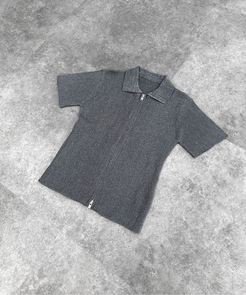 LVEU.(ラブユ.)の「【LVEU.】ダブルジップラメニットトップス / トップス カットソー リブ ラメ 半袖 ジップ ファスナー ダブルジップ 襟付き カーディガン 羽織り Wジップ ショート コンパクト クロップド ブラック グレー ブルー(カーディガン/ボレロ・レディース・ブラック/グレー/ブルー・FREE)」の9枚目の写真