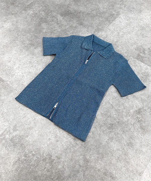 LVEU.(ラブユ.)の「【LVEU.】ダブルジップラメニットトップス / トップス カットソー リブ ラメ 半袖 ジップ ファスナー ダブルジップ 襟付き カーディガン 羽織り Wジップ ショート コンパクト クロップド ブラック グレー ブルー(カーディガン/ボレロ・レディース・ブラック/グレー/ブルー・FREE)」の7枚目の写真