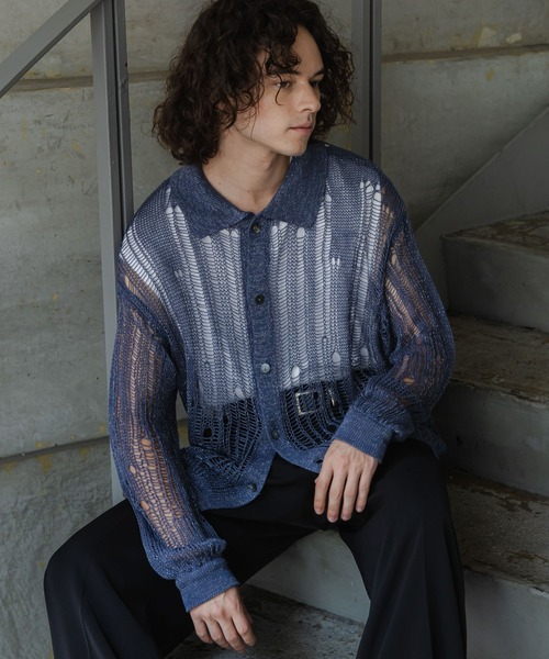 HARE（ハレ）の「スカシラメデザインシャツニット(HARE)（シャツ/ブラウス・メンズ・ブラック/グレー/ブルー・FREE）」の3枚目の写真