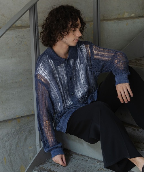 HARE（ハレ）の「スカシラメデザインシャツニット(HARE)（シャツ/ブラウス・メンズ・ブラック/グレー/ブルー・FREE）」の8枚目の写真