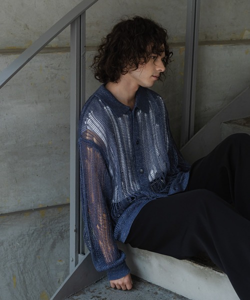 HARE（ハレ）の「スカシラメデザインシャツニット(HARE)（シャツ/ブラウス・メンズ・ブラック/グレー/ブルー・FREE）」の7枚目の写真