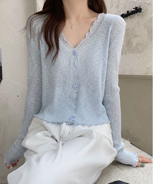 gossip!ロサンゼルス(ゴシップロサンゼルス)の「【冷房対策】ウェーブ UVカットウェアフリルVネック細リブショート丈薄手透け感ニットカーディガン レディース(カーディガン/ボレロ・レディース・ホワイト/オフホワイト/ブルー/ブラック/グリーン・FREE)」の5枚目の写真