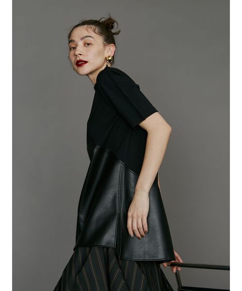 UN3D フェイクレザードッキングトップス　アンスリード　半袖　黒　レディース UN3D フェイクレザードッキングトップス アンスリード 半袖 黒