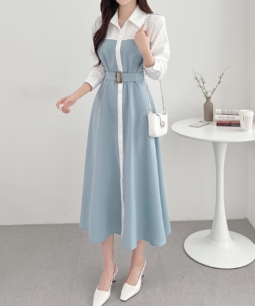 【韓国発送】バイカラー切替星シャツワンピース★Aライン4size ロングシャツワンピース - SOÉJU online store｜上質な大人の