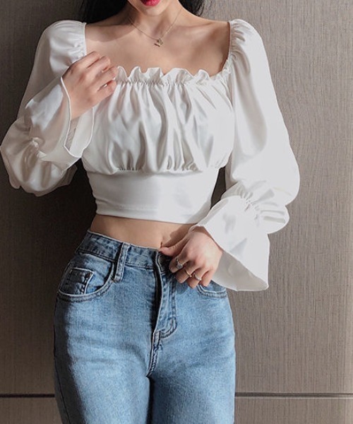 deux amour（ドゥーザムール）の「バックリボンレースアップスクエアネッククロップドトップス（Tシャツ/カットソー・レディース・ホワイト/ブラック・FREE）」の5枚目の写真
