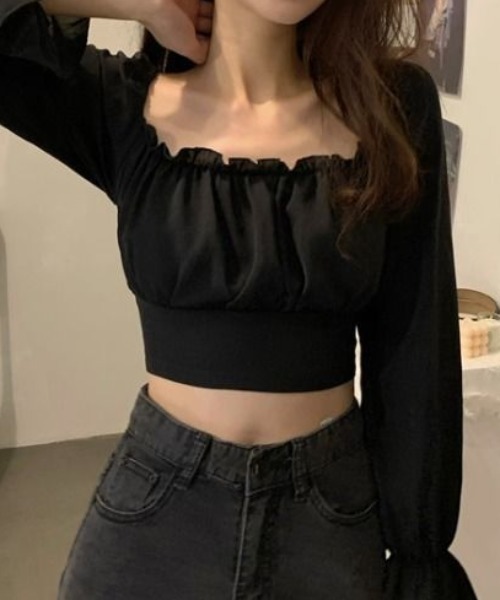 セール】バックリボンレースアップスクエアネッククロップドトップス