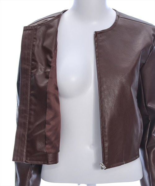 clear（クリア）の「ダブルラインシングルライダース [高見え スタイルアップ ヴィンテージ]≪再入荷≫（ノーカラージャケット・レディース・ブラウン/ブラック/アイボリー・F）」の19枚目の写真