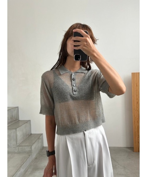 RIM.ARK(リムアーク)の「Mohair mix polo knit モヘアミックスポロニット(ポロシャツ・レディース・ブラック/ホワイト/ダークグレー/ライトグリーン・FREE)」の4枚目の写真