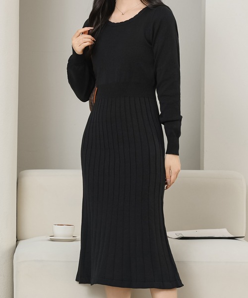 セール】ラウンドネック Aライン ハイウエスト ニット ワンピース