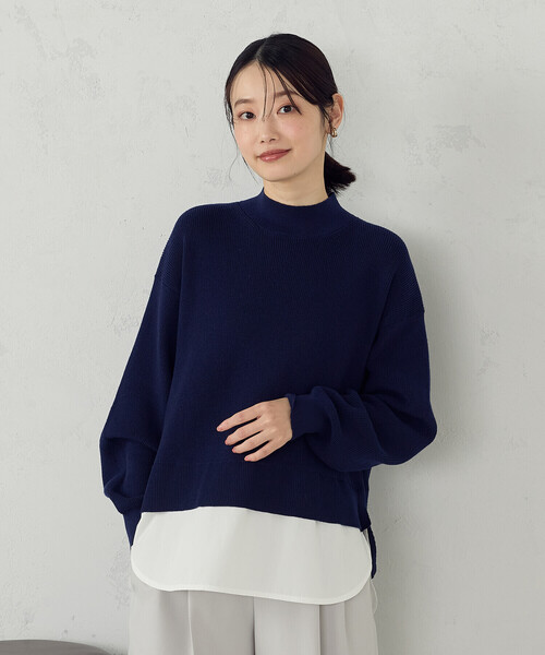 COMME CA ISM / コムサイズム 【マシンウォッシャブル】シャツレイヤード風　ドッキングニット マシンウォッシャブル】シャツレイヤード風 ドッキングニット