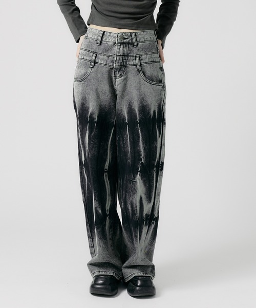 ダブルウエストワイドデニムパンツ ブリーチ加工（デニムパンツ