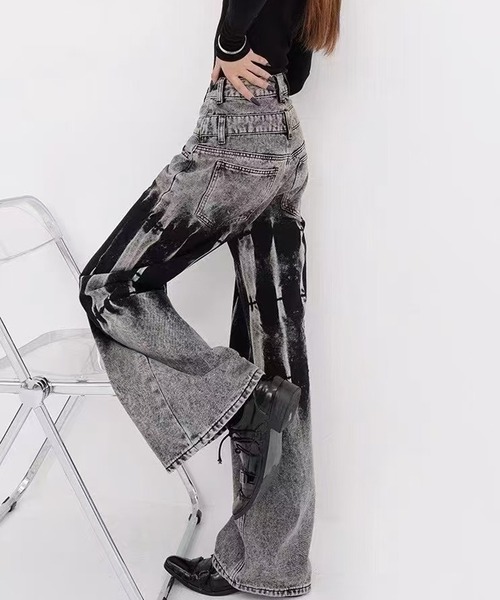 セール】ダブルウエストワイドデニムパンツ ブリーチ加工